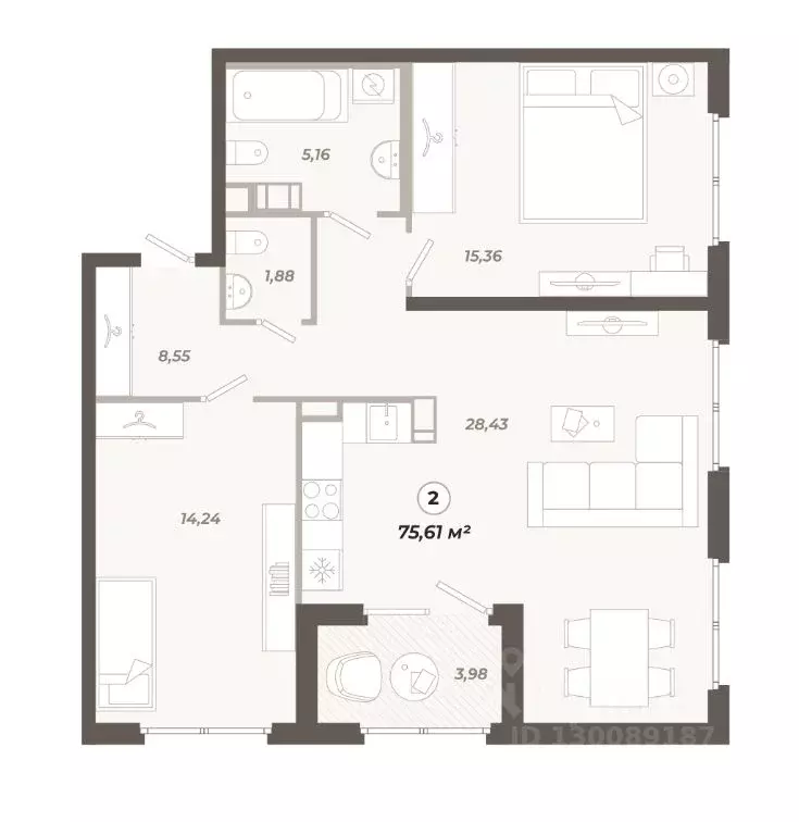 2-к кв. Санкт-Петербург ул. Коли Томчака, 21Д (75.61 м) - Фото 0