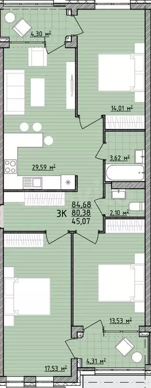 3-к. квартира, 84,7 м, 5/7 эт. - Фото 0