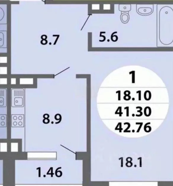 Квартира, 1 комната, 41.2 м - Фото 1