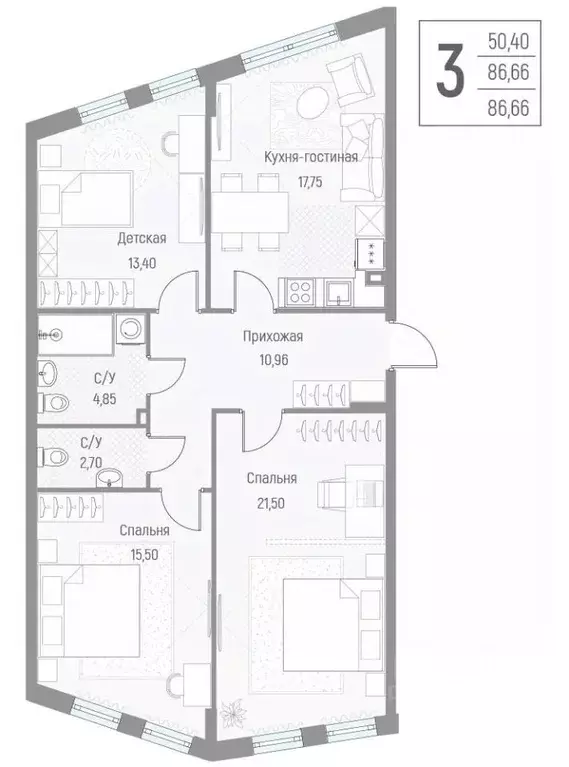 3-к кв. Московская область, Одинцовский городской округ, д. Крюково ... - Фото 1