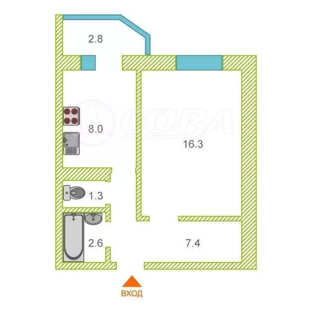 1-комнатная квартира: Тюмень, улица Алексея Леонова, 36 (36 м) - Фото 0