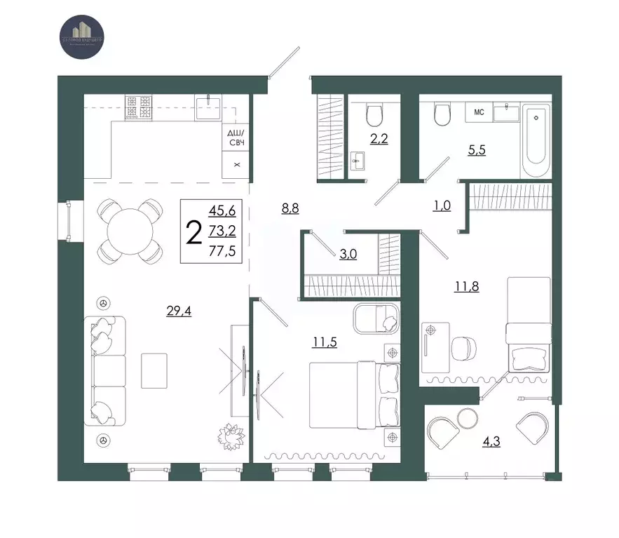 2-к кв. Смоленская область, Смоленск ул. 2-я Киевская, 20Ак1 (77.5 м) - Фото 1