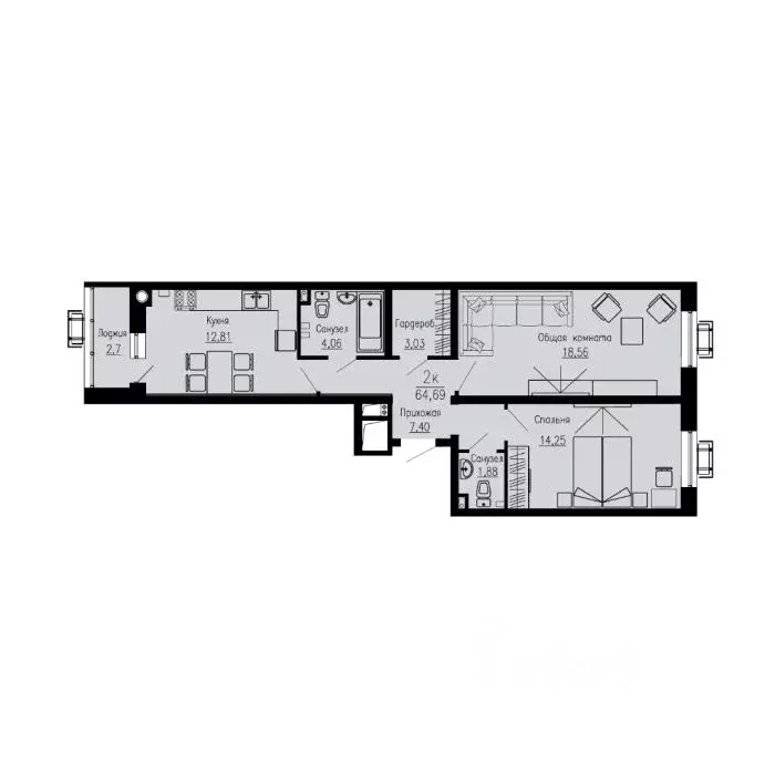 2-к кв. Ставропольский край, Пятигорск Скачки мкр,  (64.69 м) - Фото 0