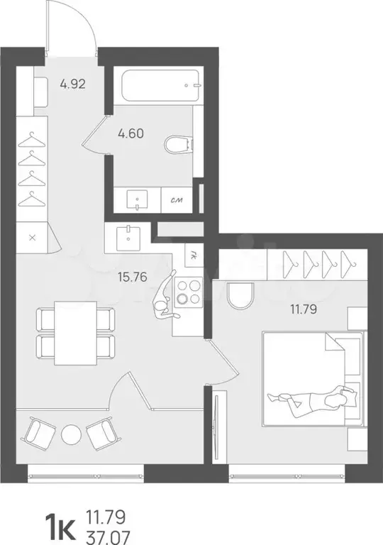 1-к. квартира, 37,1 м, 2/4 эт. - Фото 1