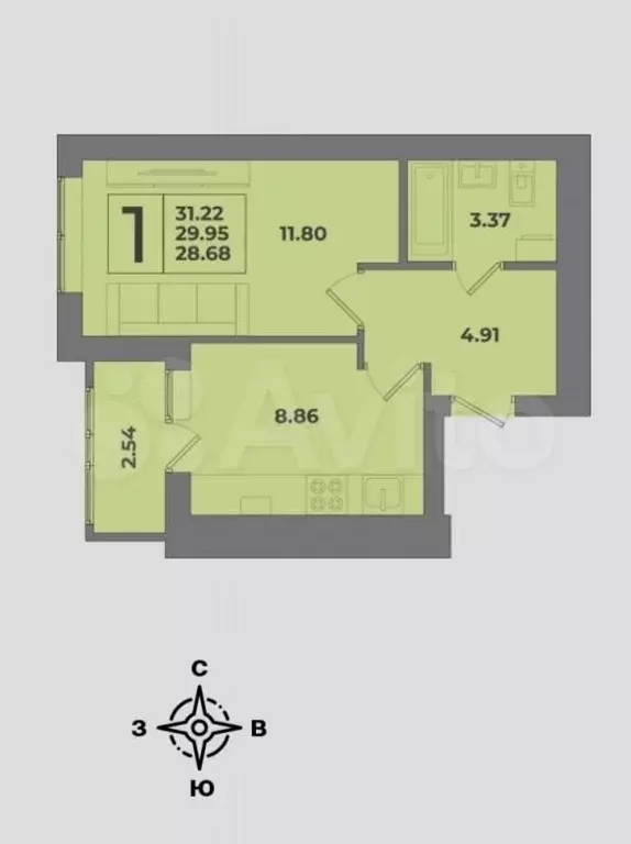 1-к. квартира, 31,2 м, 4/8 эт. - Фото 1