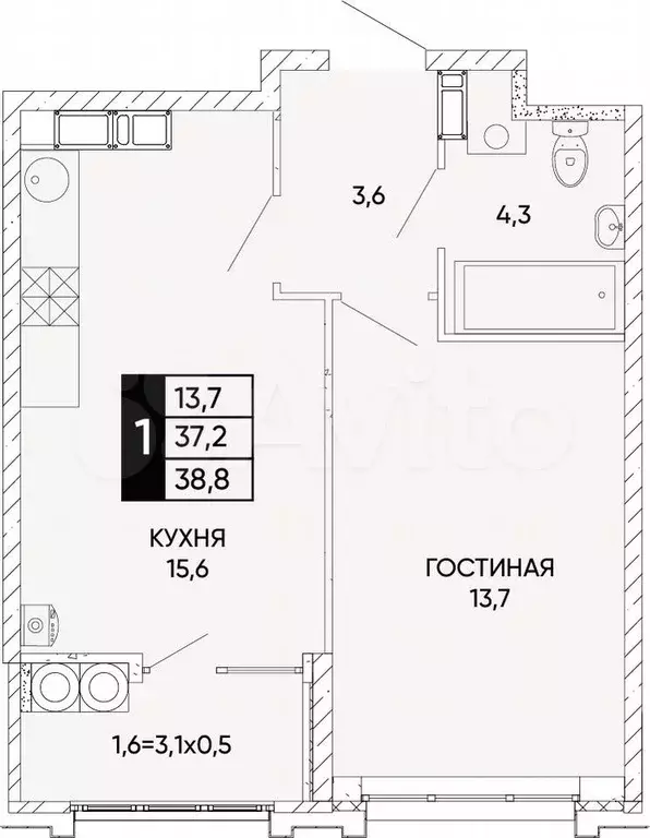 1-к. квартира, 38,8 м, 13/22 эт. - Фото 0