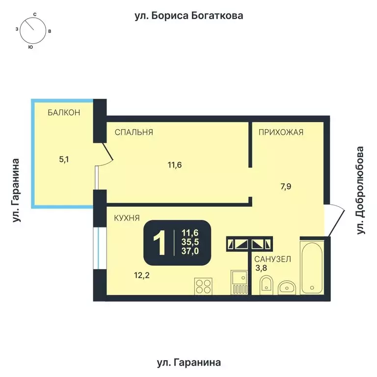 1-комнатная квартира: Новосибирск, ул. Гаранина (37 м) - Фото 0