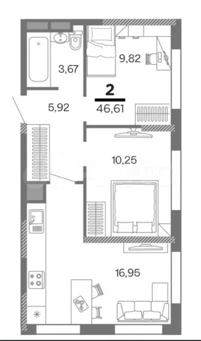 2-к. квартира, 46,6 м, 17/25 эт. - Фото 0