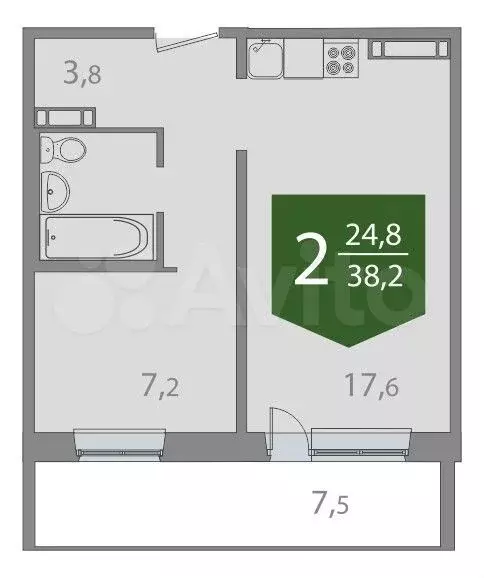 2-к. квартира, 38,3 м, 7/17 эт. - Фото 0