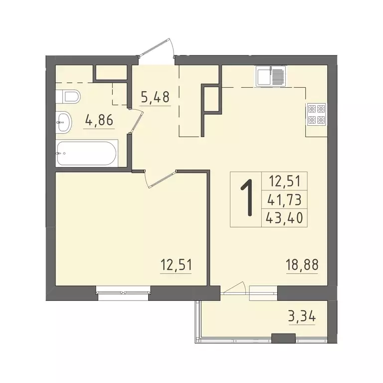 1-к квартира, 43.4 м - Фото 0