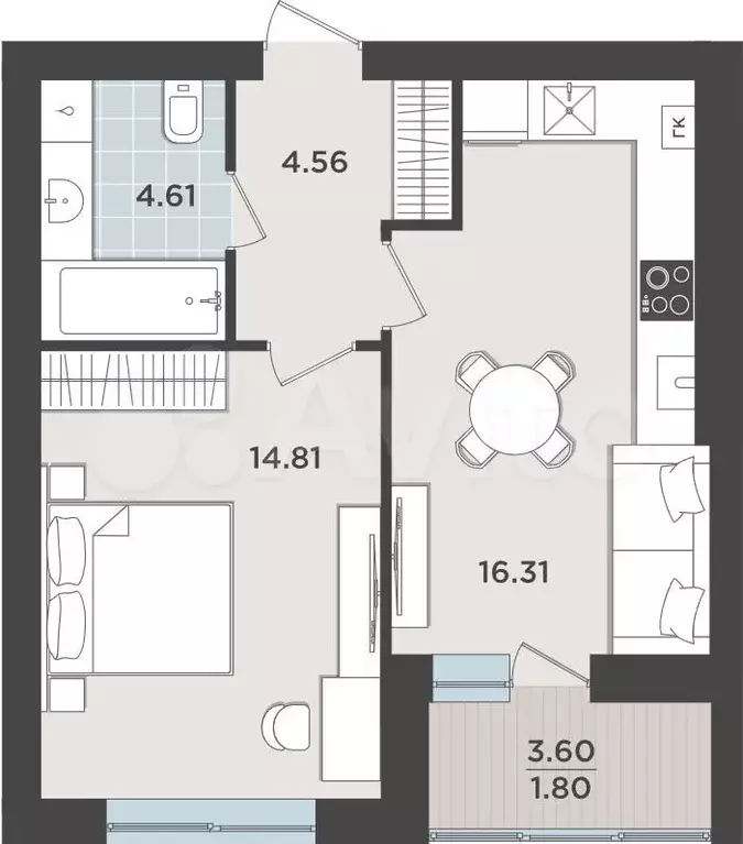 1-к. квартира, 42,1 м, 7/9 эт. - Фото 1