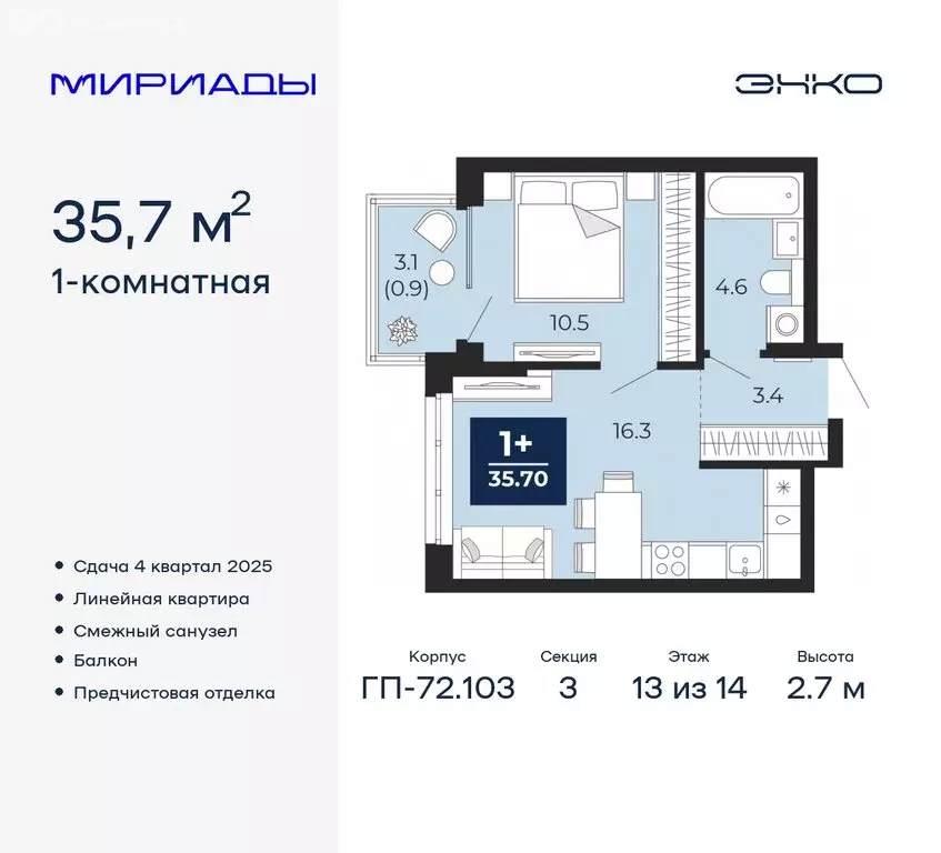 1-комнатная квартира: Тюмень, жилой комплекс Мириады (35.7 м) - Фото 0