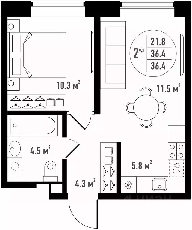 2-к кв. Астраханская область, Астрахань Августовская ул. (36.4 м) - Фото 2