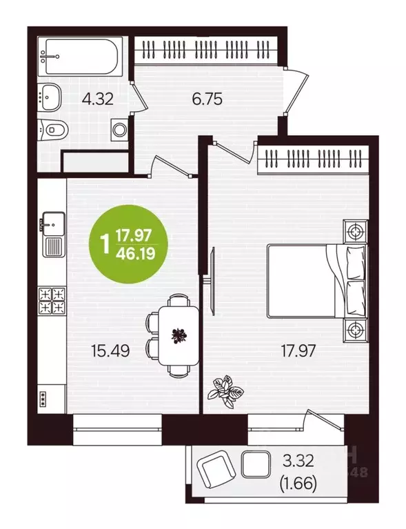 1-к кв. Чувашия, Новочебоксарск ул. 10-й Пятилетки, поз24 (46.19 м) - Фото 1