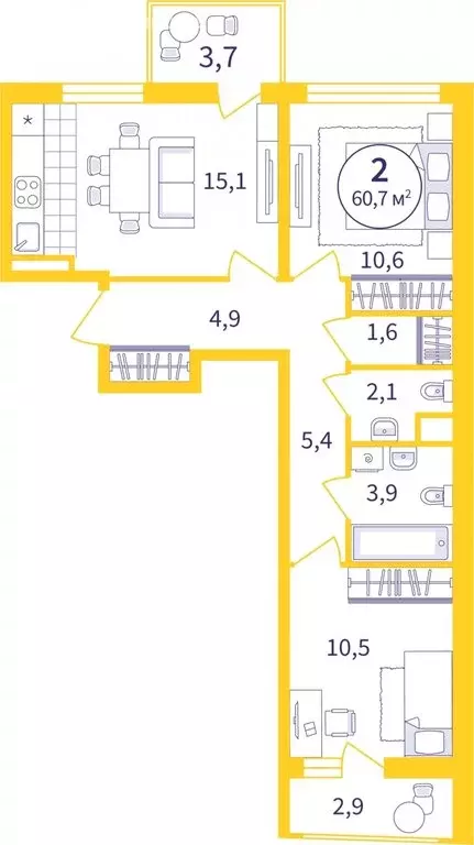 2-комнатная квартира: Екатеринбург, ЖК Астон Реформа (56.67 м) - Фото 0