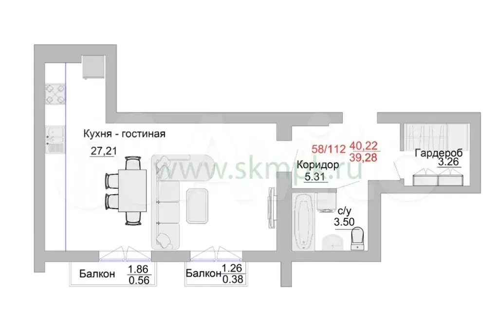 Апартаменты-студия, 40,2 м, 6/6 эт. - Фото 1