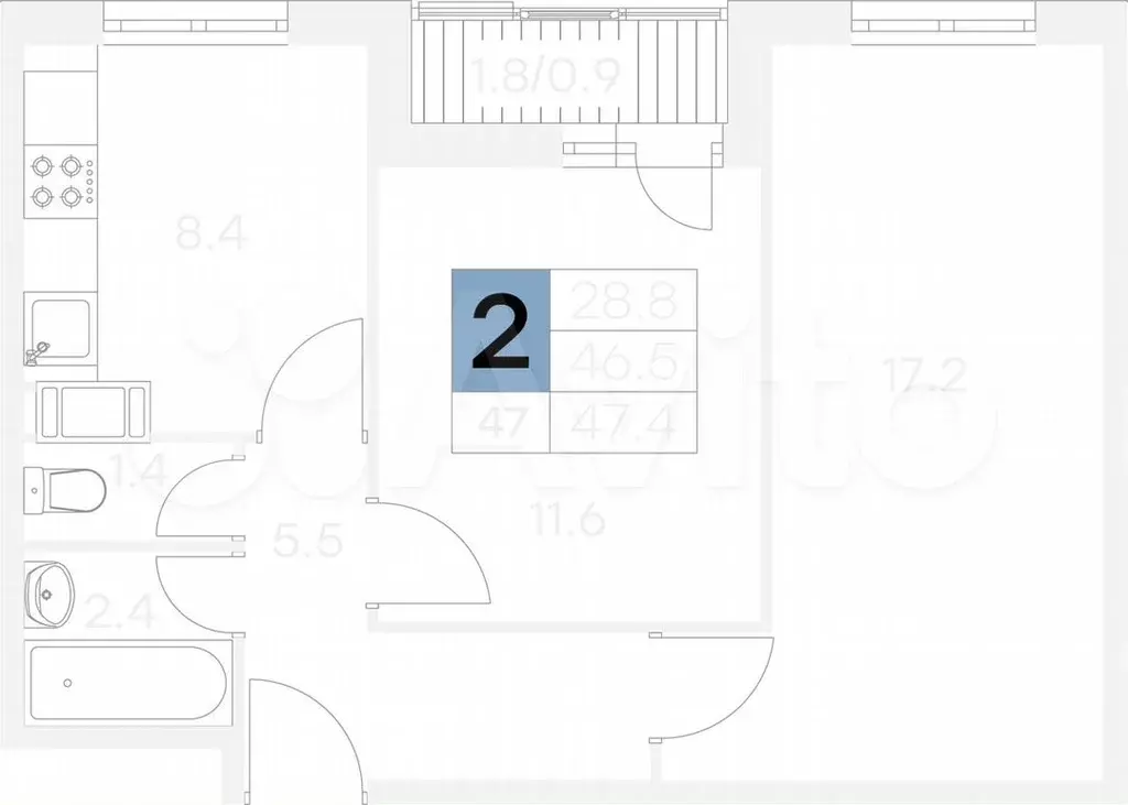 2-к. квартира, 47,4м, 8/9эт. - Фото 1