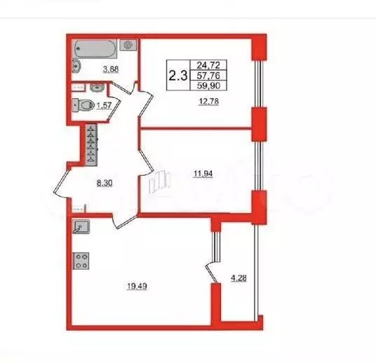 2-к. квартира, 60 м, 2/13 эт. - Фото 0