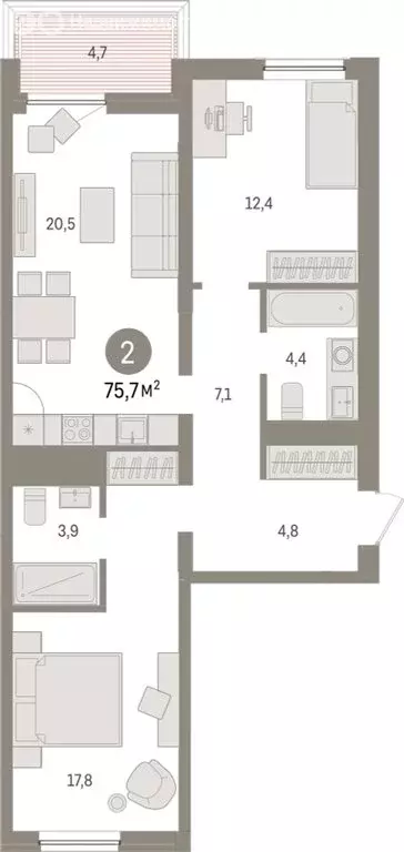 2-комнатная квартира: Тюмень, Мысовская улица, 26к1 (75.65 м) - Фото 1