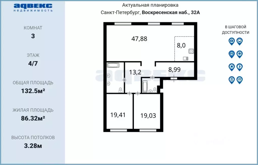 3-к кв. Санкт-Петербург наб. Воскресенская, 32 (132.5 м) - Фото 0