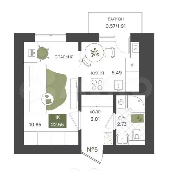1-к. квартира, 22,7 м, 1/5 эт. - Фото 1