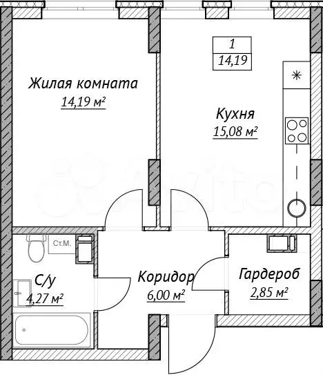 1-к. квартира, 42,4 м, 14/14 эт. - Фото 0