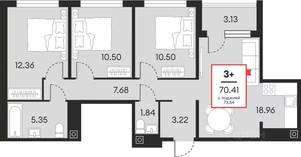 3-к кв. Ханты-Мансийский АО, Нефтеюганск ул. Нефтяников, 48А (70.41 м) - Фото 0