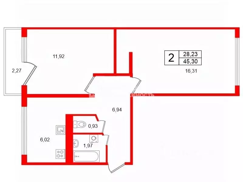 2-к кв. Санкт-Петербург ул. Антонова-Овсеенко, 17 (45.3 м) - Фото 2