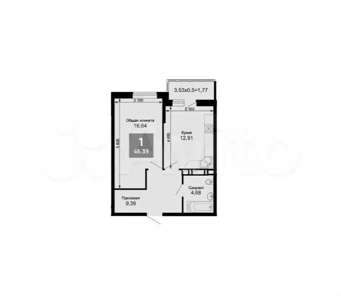 1-к. квартира, 45,4 м, 9/15 эт. - Фото 1