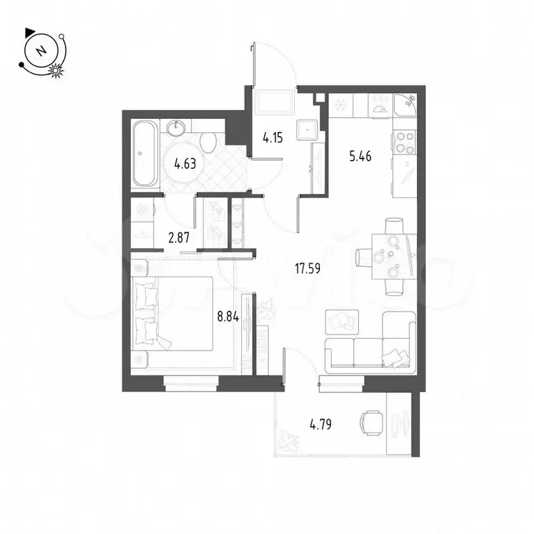 1-к. квартира, 44,8 м, 5/22 эт. - Фото 0
