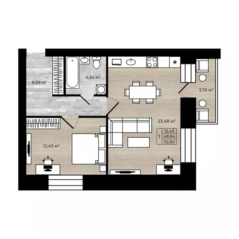 1-к кв. Ярославская область, Ярославль Тормозное ш. (52.6 м) - Фото 1