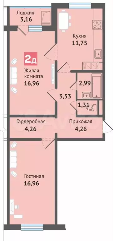 2-к. квартира, 65,1м, 2/16эт. - Фото 0