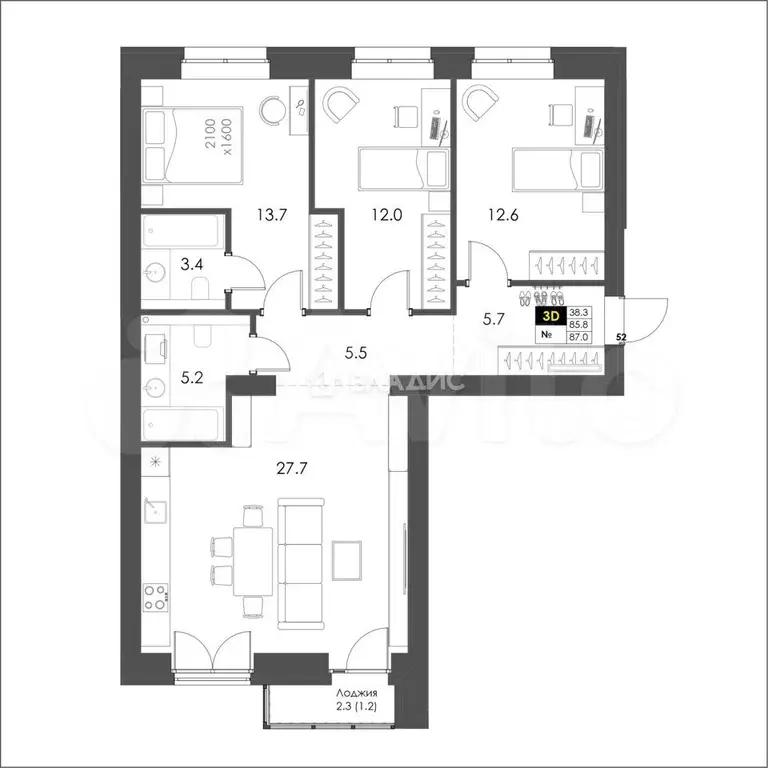 3-к. квартира, 87 м, 5/8 эт. - Фото 0