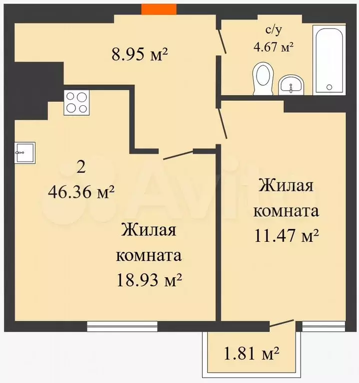 1-к. квартира, 45 м, 13/17 эт. - Фото 0