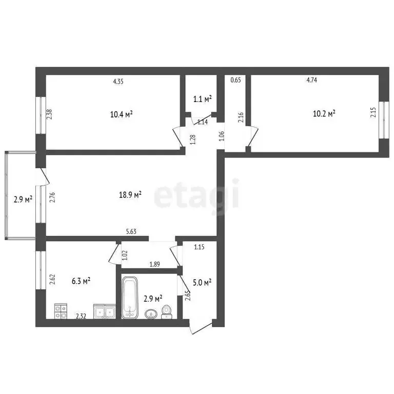 3-комнатная квартира: Лесной, улица Победы, 18 (54 м) - Фото 1