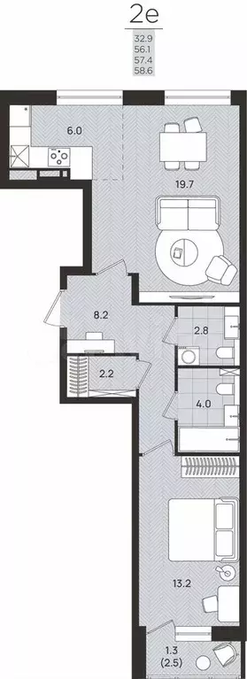 2-к. квартира, 57,4 м, 2/8 эт. - Фото 0