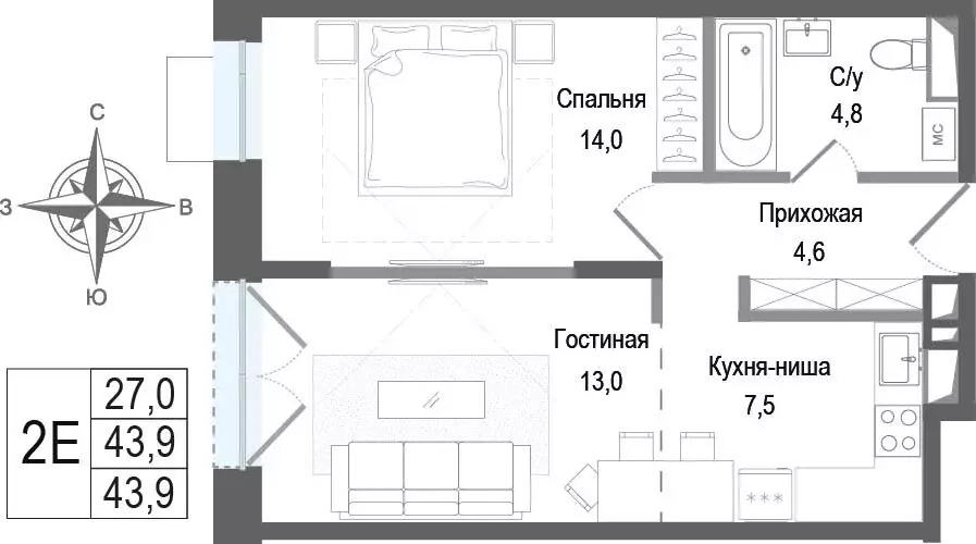 2-комнатная квартира: Королёв, микрорайон Первомайский (43.9 м) - Фото 0