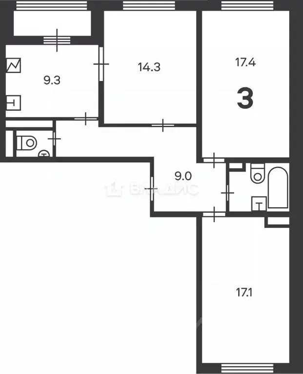 3-к кв. Москва ул. Маршала Еременко, 5к1 (74.2 м) - Фото 2