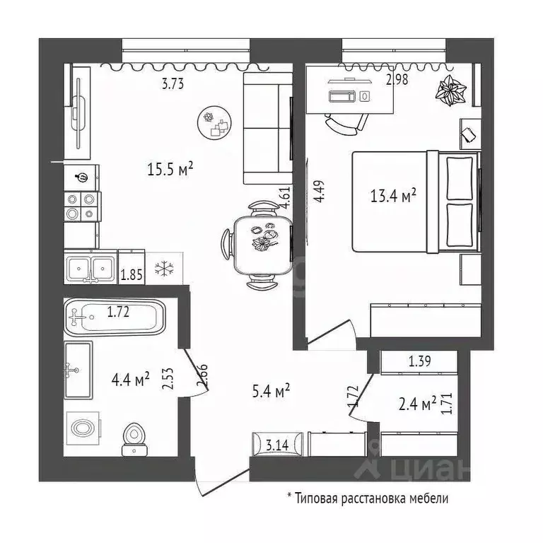 1-к кв. Тюменская область, Тюмень Новгородская ул., 22 (41.1 м) - Фото 2