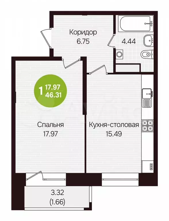 1-к. квартира, 46,3 м, 2/12 эт. - Фото 0