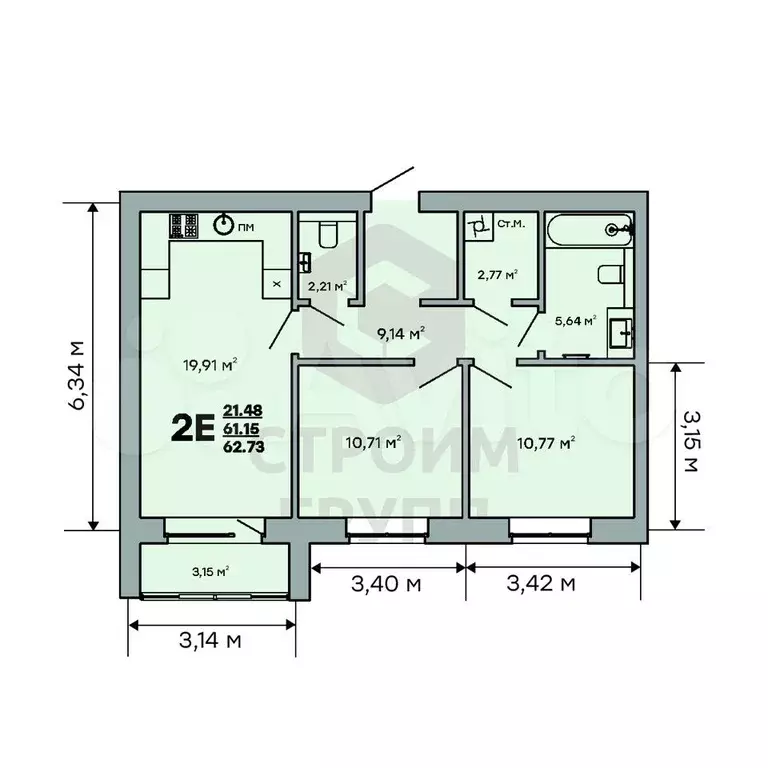 2-к. квартира, 62,7 м, 1/9 эт. - Фото 1