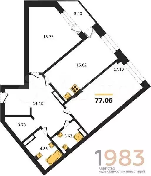 2-к. квартира, 77,1 м, 9/21 эт. - Фото 0