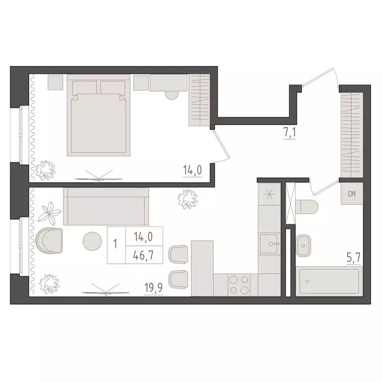 1-комнатная квартира: Уфа, 563-й квартал (46.7 м) - Фото 1