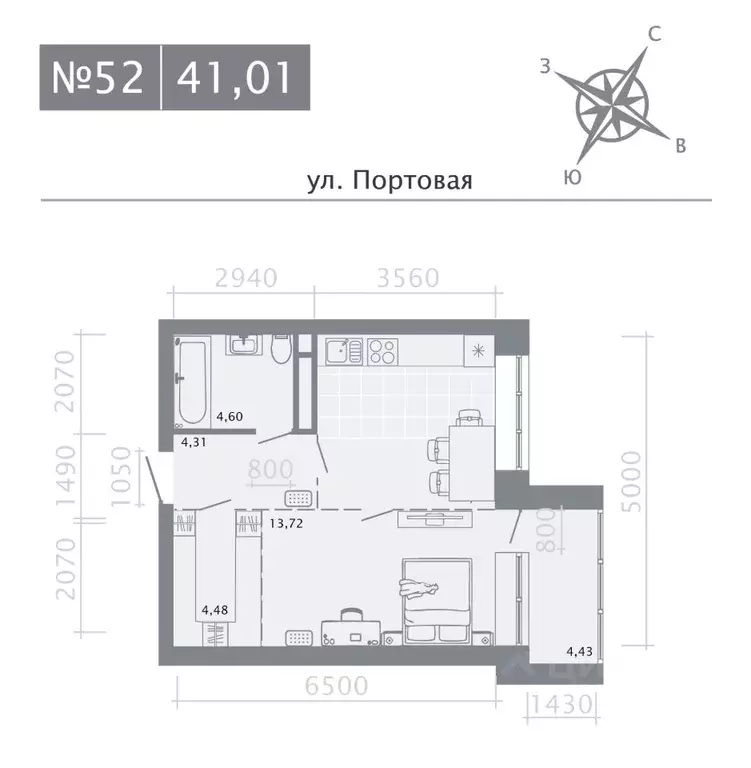 1-к кв. Татарстан, Казань Живи на Портовой жилой комплекс (41.01 м) - Фото 0