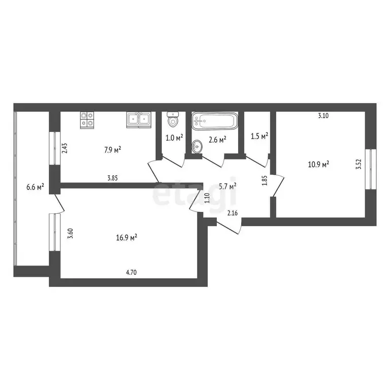 Квартира, 2 комнаты, 46.5 м - Фото 1