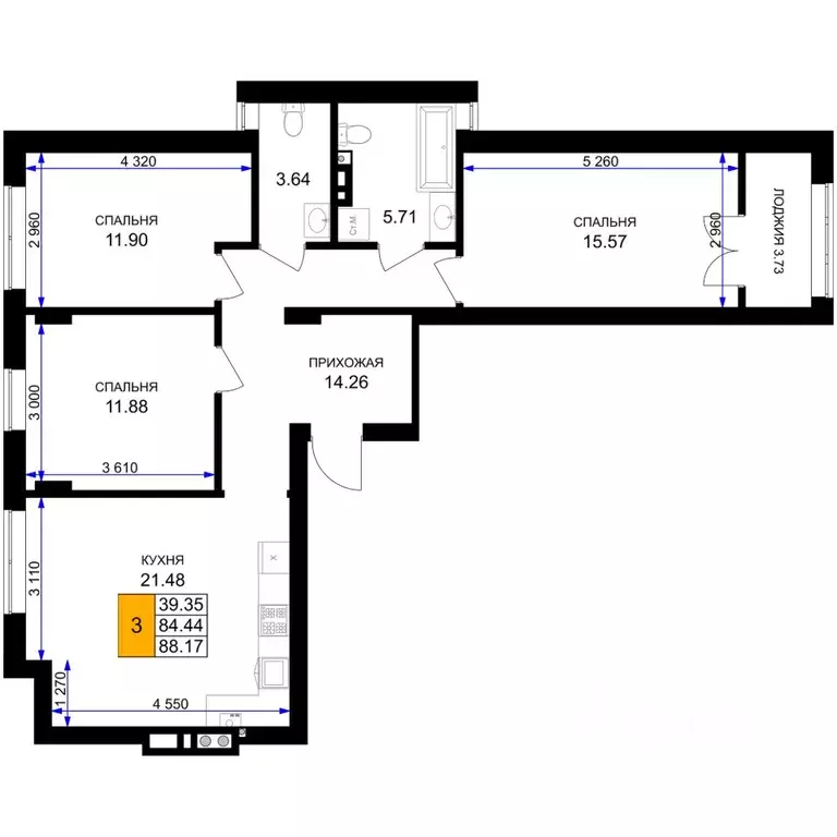3-к кв. Калининградская область, Гурьевск Включи жилой комплекс (88.17 ... - Фото 1