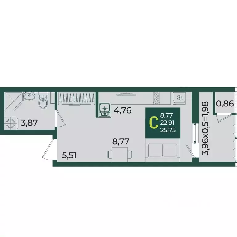 Студия Краснодарский край, Краснодар Образцово мкр,  (25.75 м) - Фото 1