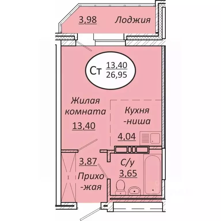 Студия Новосибирская область, Новосибирск  (26.95 м) - Фото 0