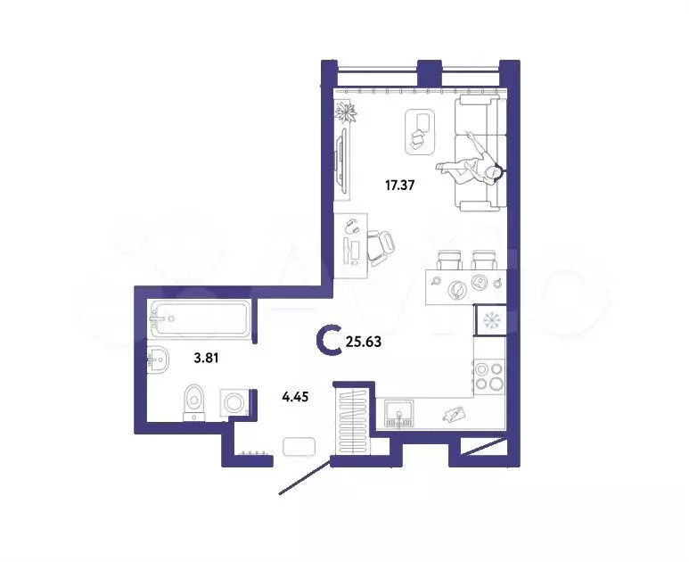 Квартира-студия, 25,6 м, 2/15 эт. - Фото 1