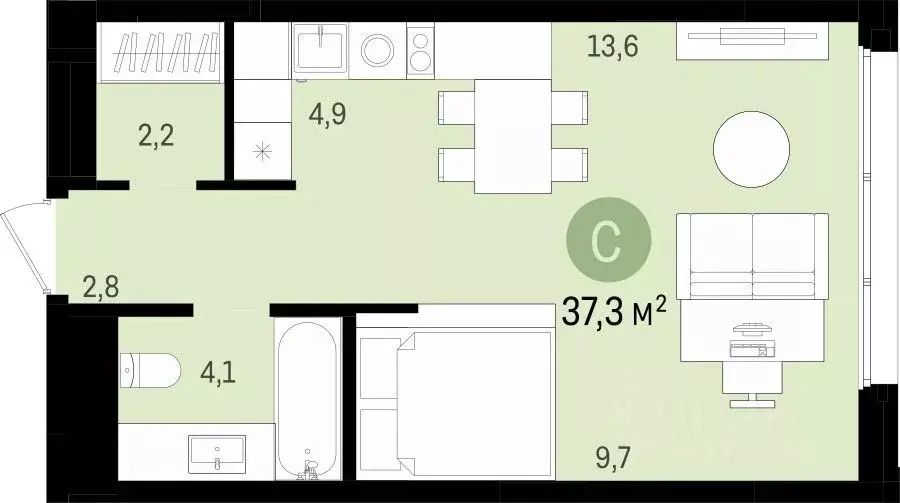 Студия Новосибирская область, Новосибирск ул. Аэропорт, 23/1 (37.32 м) - Фото 0